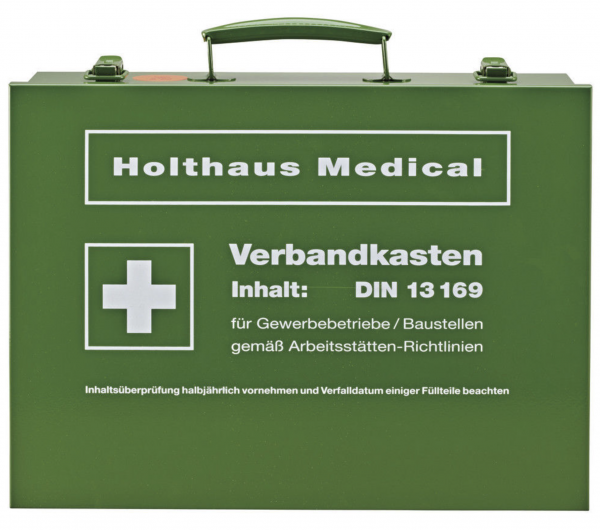 Betriebsverbandkasten DIN 13169-E groß Stahlblech grün Metall + Wandhalterung